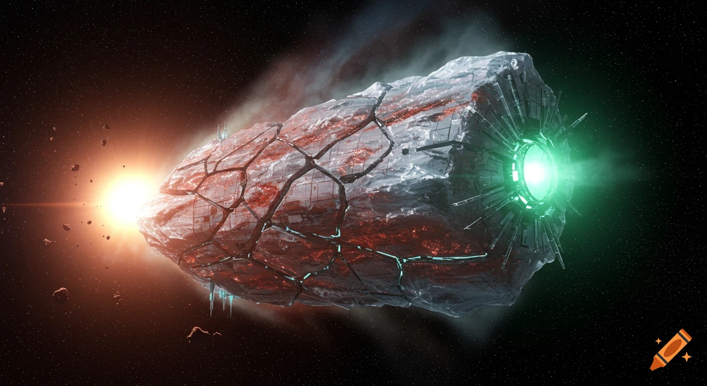 Photorealistic image of a futuristic probe disguised as a fractured icy comet, glowing green and orange in deep space.