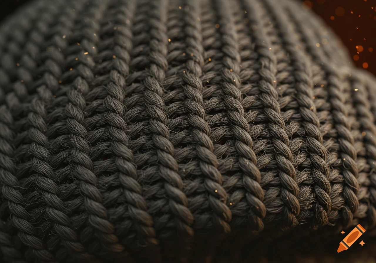 Close-up photorealistic image of dark grey knitted fabric with golden light particles.