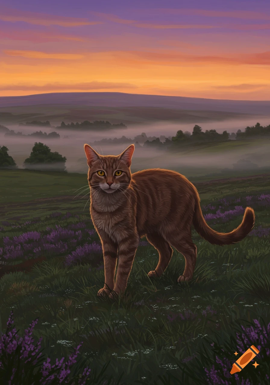 A brown tabby cat stands in a field of purple flowers with misty hills and a vibrant orange and purple sunset sky, digital art.