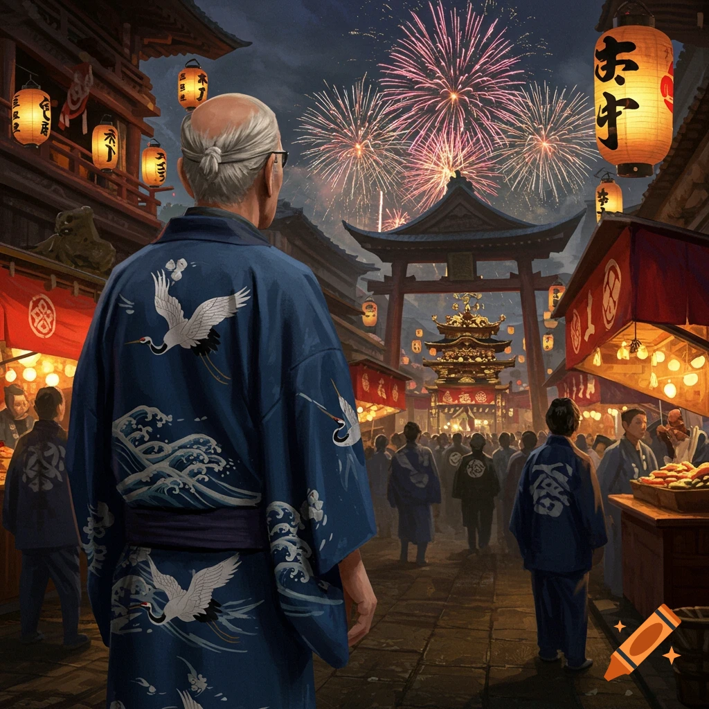 An old man in a blue kimono with crane and wave patterns stands with his back to the viewer, watching fireworks over a lively Japanese night festival street scene with lanterns and temple gates.