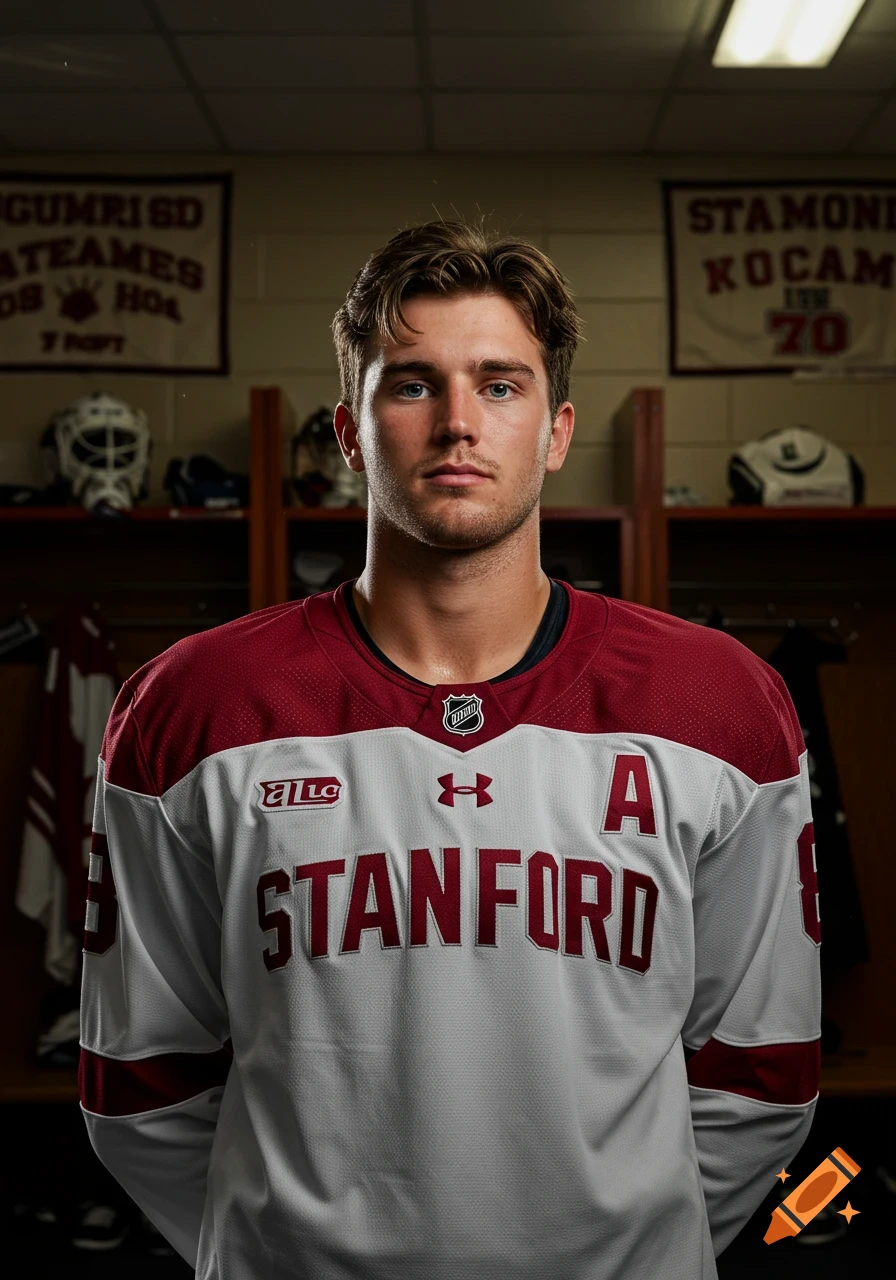 A photorealistic portrait of a young male hockey player in a Stanford uniform standing in a locker room.