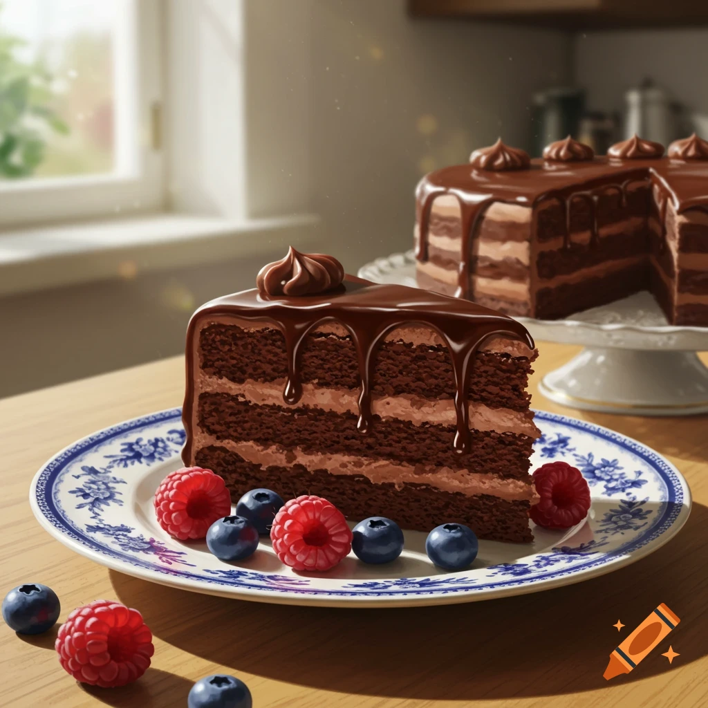 A photorealistic slice of chocolate cake with chocolate ganache, raspberries, and blueberries on a decorative plate; a whole cake is in the background.