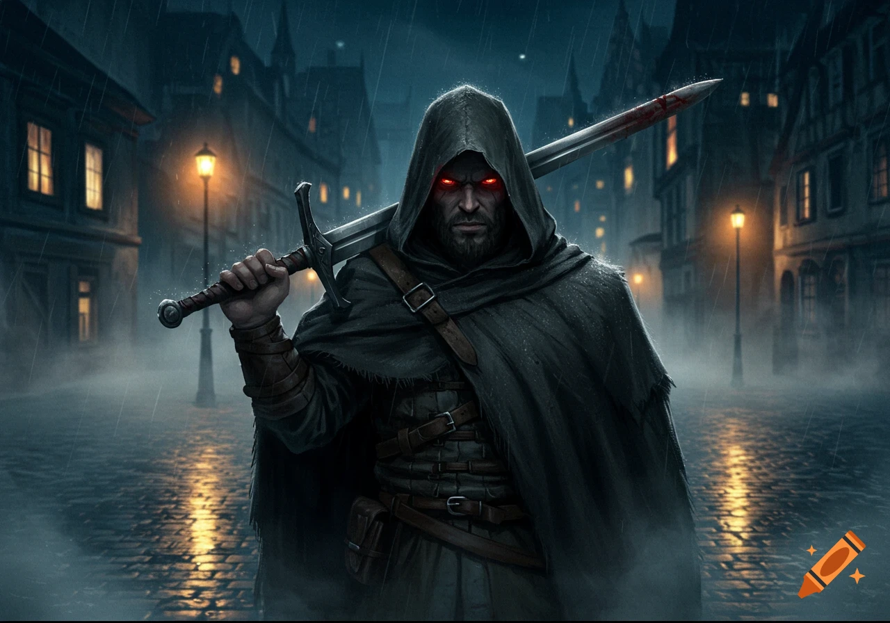 A hooded warrior with glowing red eyes holding a blood-stained sword on a rainy medieval city street at night, dark fantasy style.