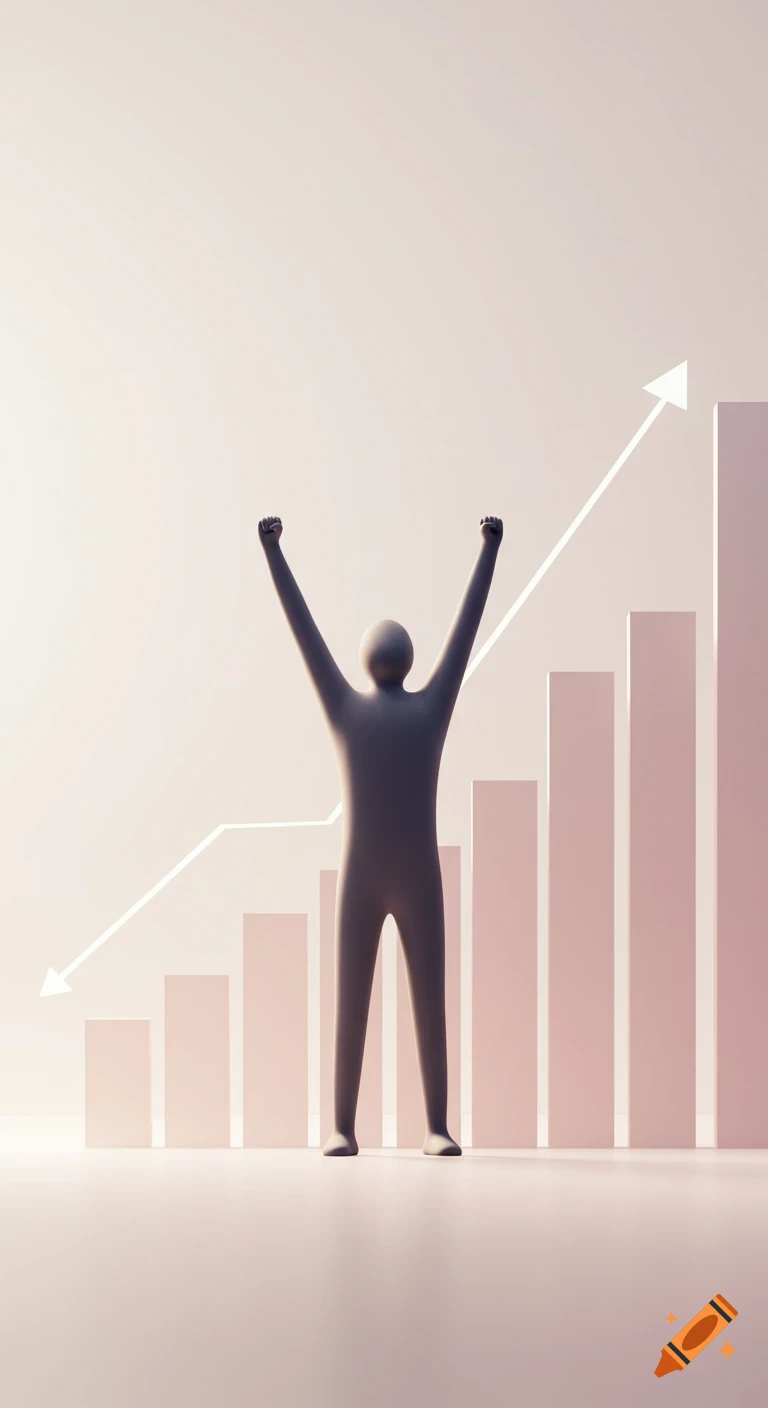 A minimalist gray figure with raised arms celebrates success in front of a rising bar graph.