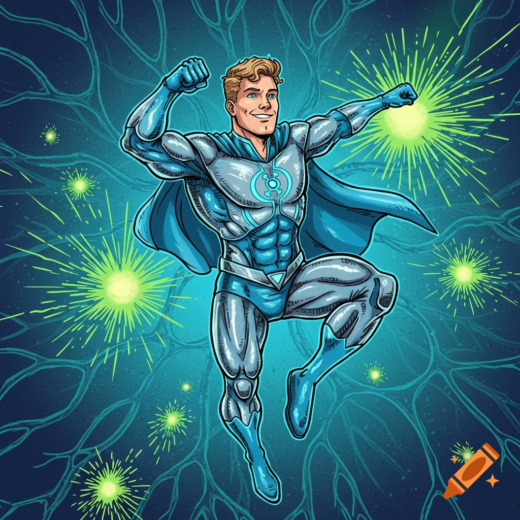 A smiling cartoon superhero in a blue and silver suit flexes against a dark blue background with glowing green neural patterns.