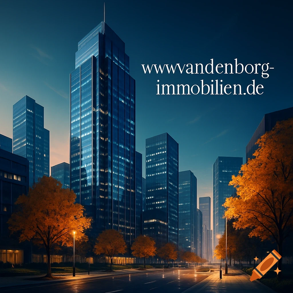 A photorealistic cityscape at dusk with illuminated skyscrapers, a wet street, and autumn trees. Text: www.vandenborg-immobilien.de.