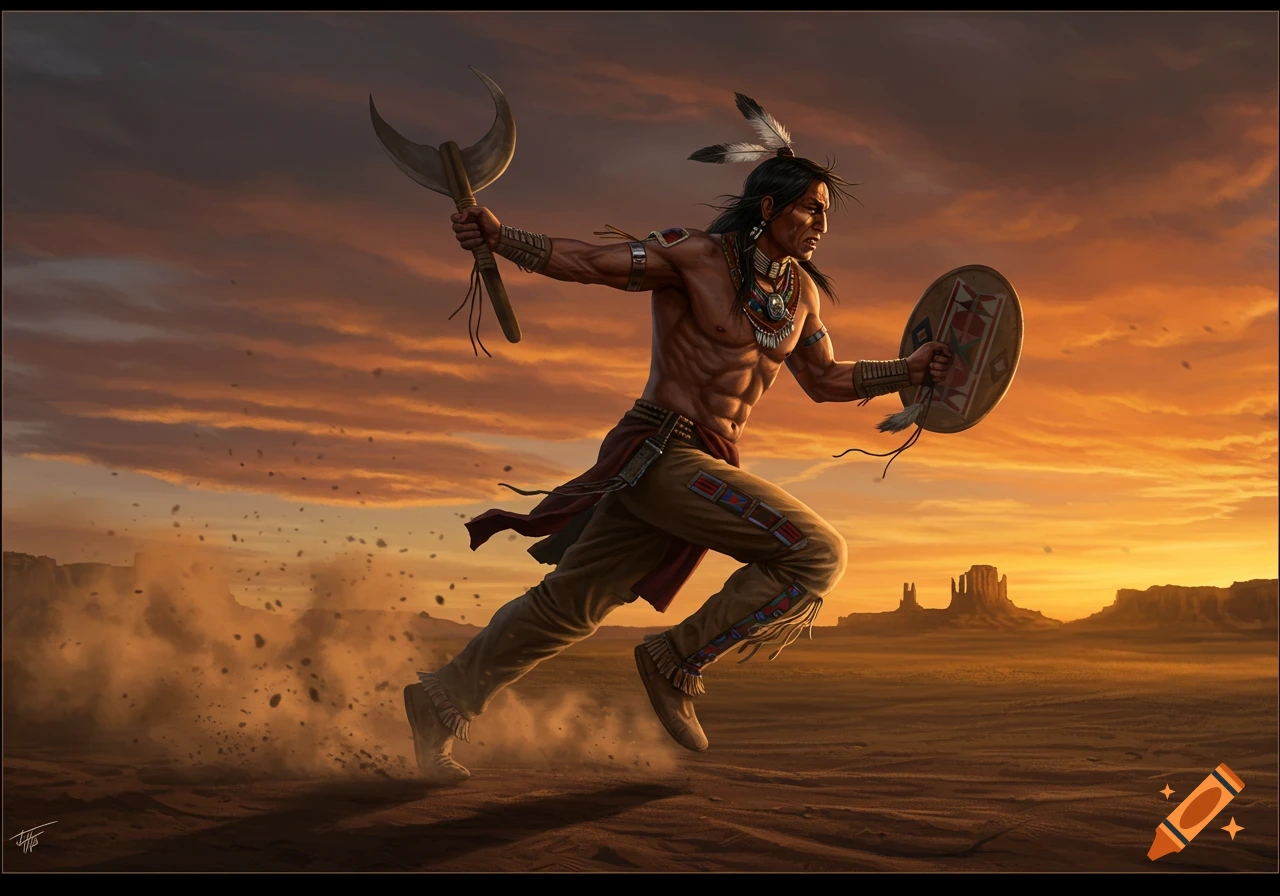 A muscular Native American warrior with an axe and shield charges across a dusty desert at sunset.