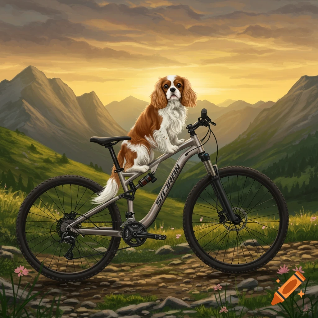 A Cavalier King Charles Spaniel dog sits on a silver mountain bike on a rocky trail with green mountains and a golden sunset sky in the background.