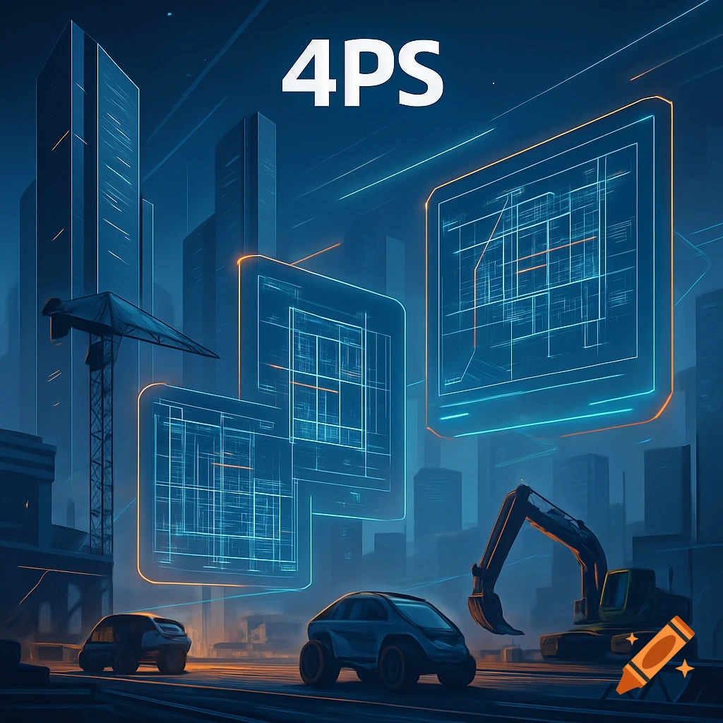 A futuristic city construction scene with glowing architectural plans and vehicles, featuring the text '4PS'.