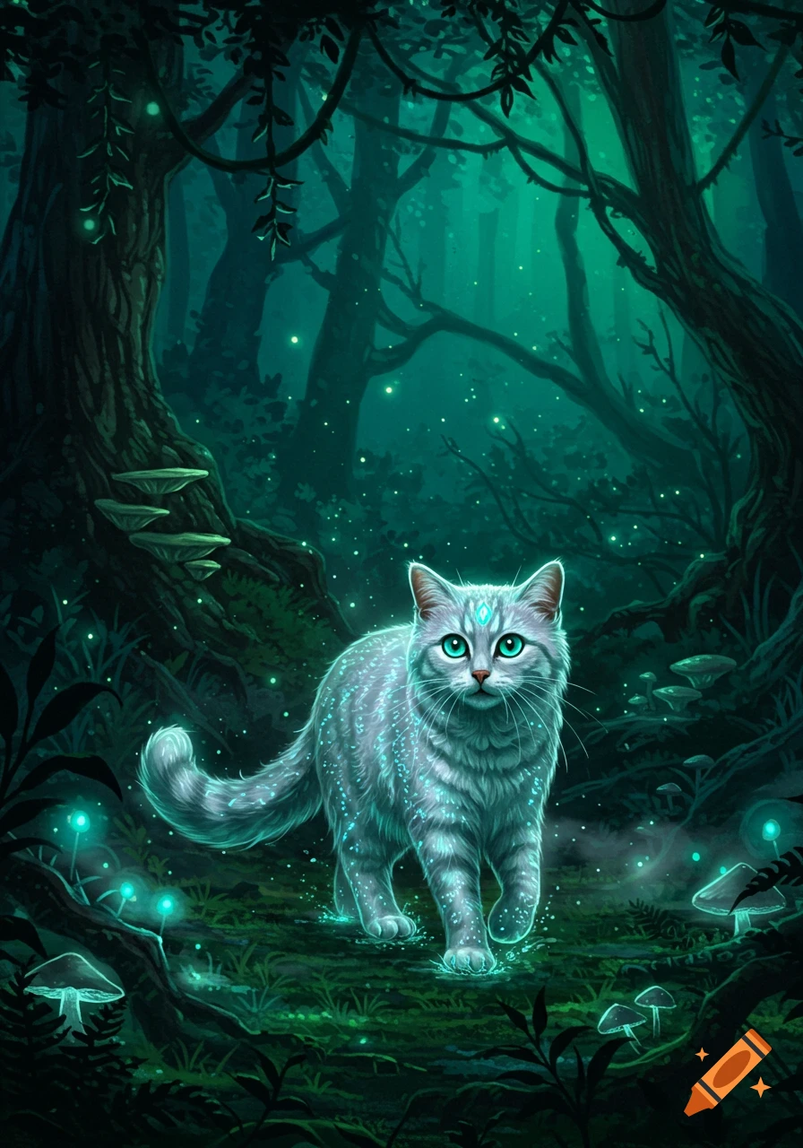 A luminous white cat with glowing blue eyes walks through a dark, magical forest lit by bioluminescent mushrooms and fireflies. Digital art.