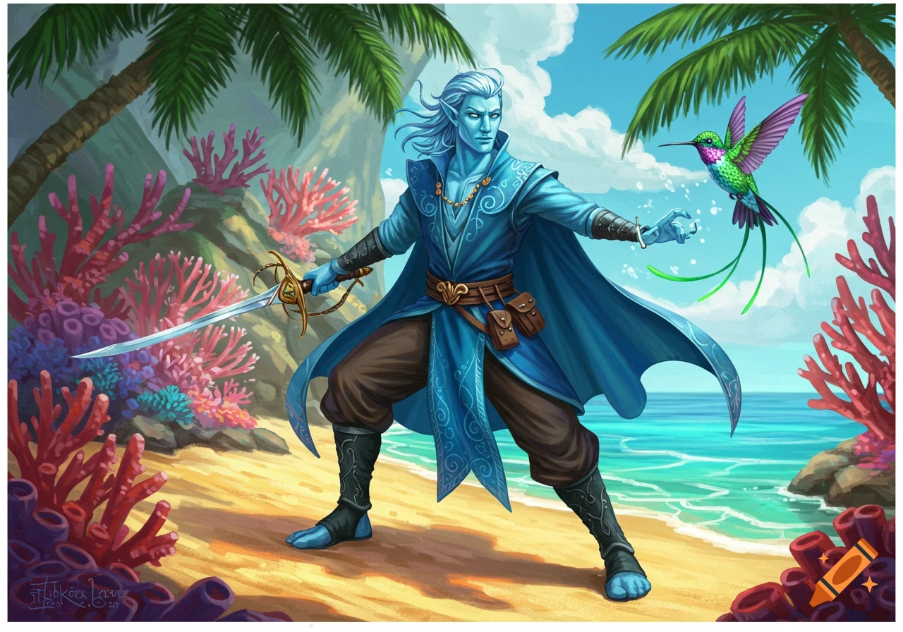 An illustrated fantasy art of a blue-skinned male air genasi with a rapier and hummingbird familiar on a tropical beach.