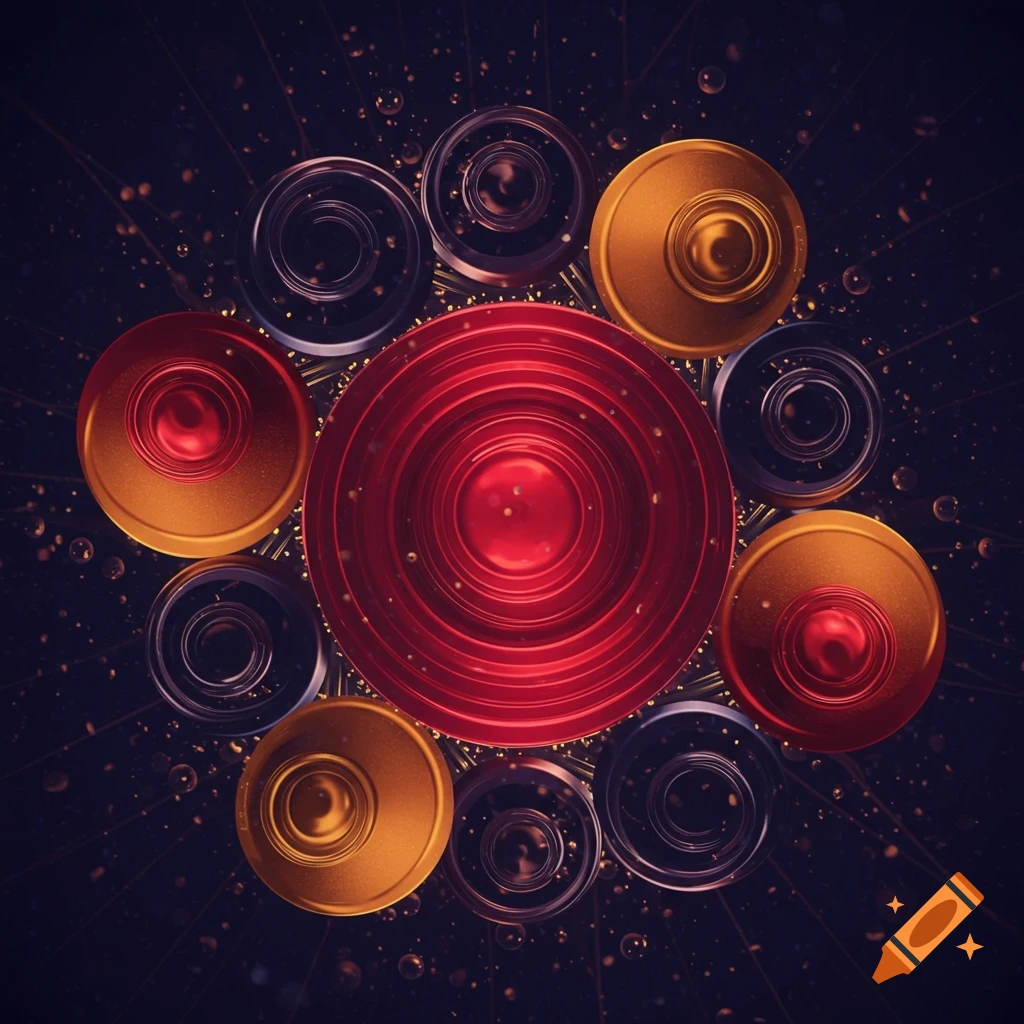 Abstract composition of metallic red, gold, and dark grey concentric circles arranged on a dark background with glowing speckles.