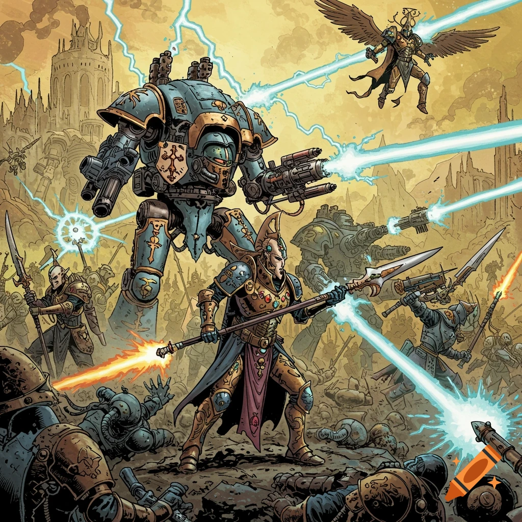 Aeldari warriors and Imperial Knights battle amidst gothic ruins in a comic art style.