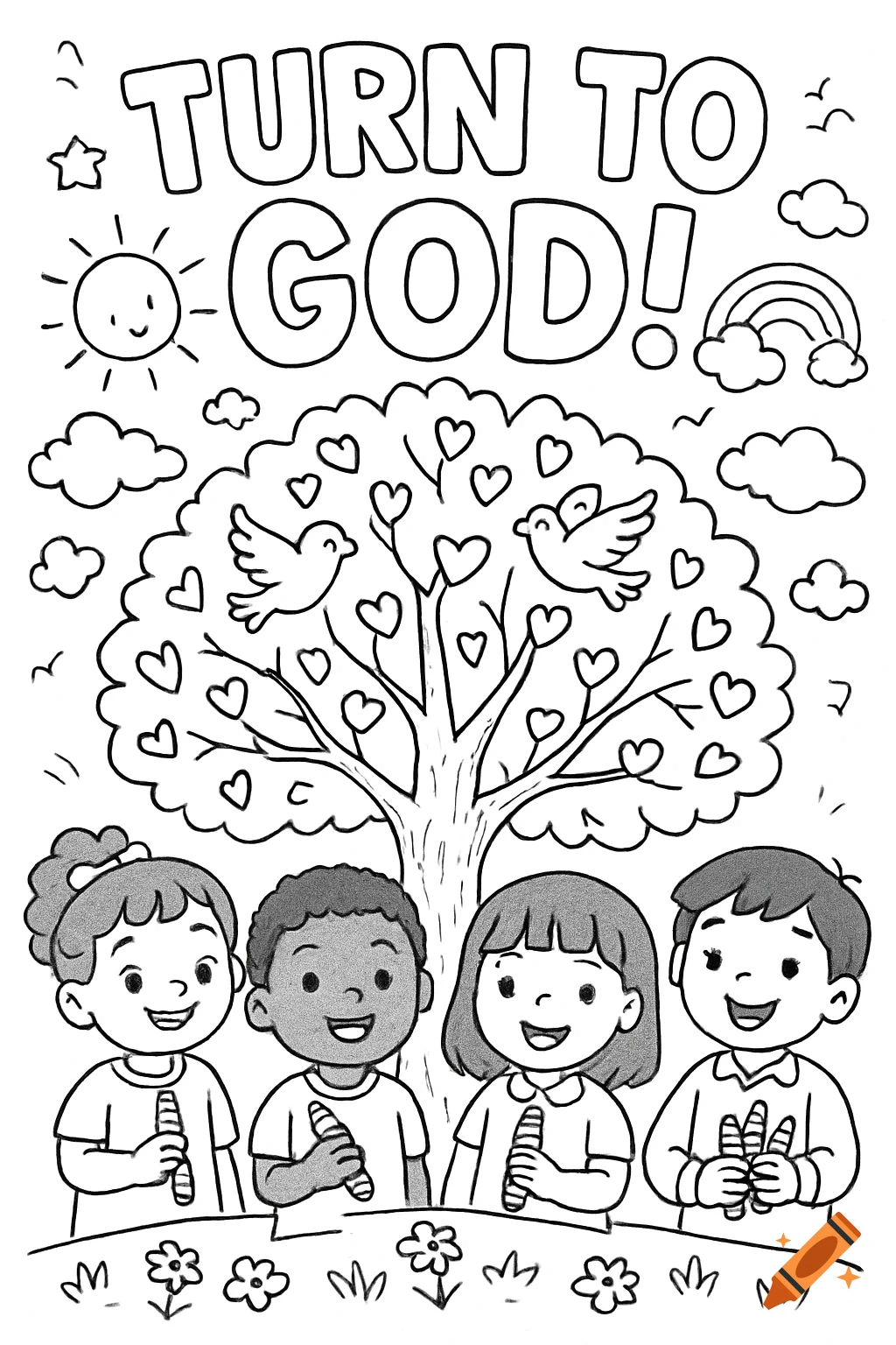 Black and white coloring page with four smiling children standing in front of a tree with hearts and birds, with text "TURN TO GOD!".