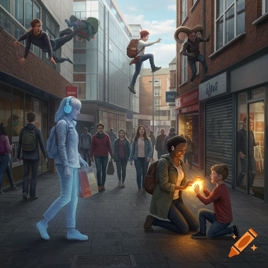 A bustling city street scene where people with superpowers casually go about their day. A glowing woman walks past, a mother heals her child's knee with golden light, and others wall-crawl or display ram horns.
