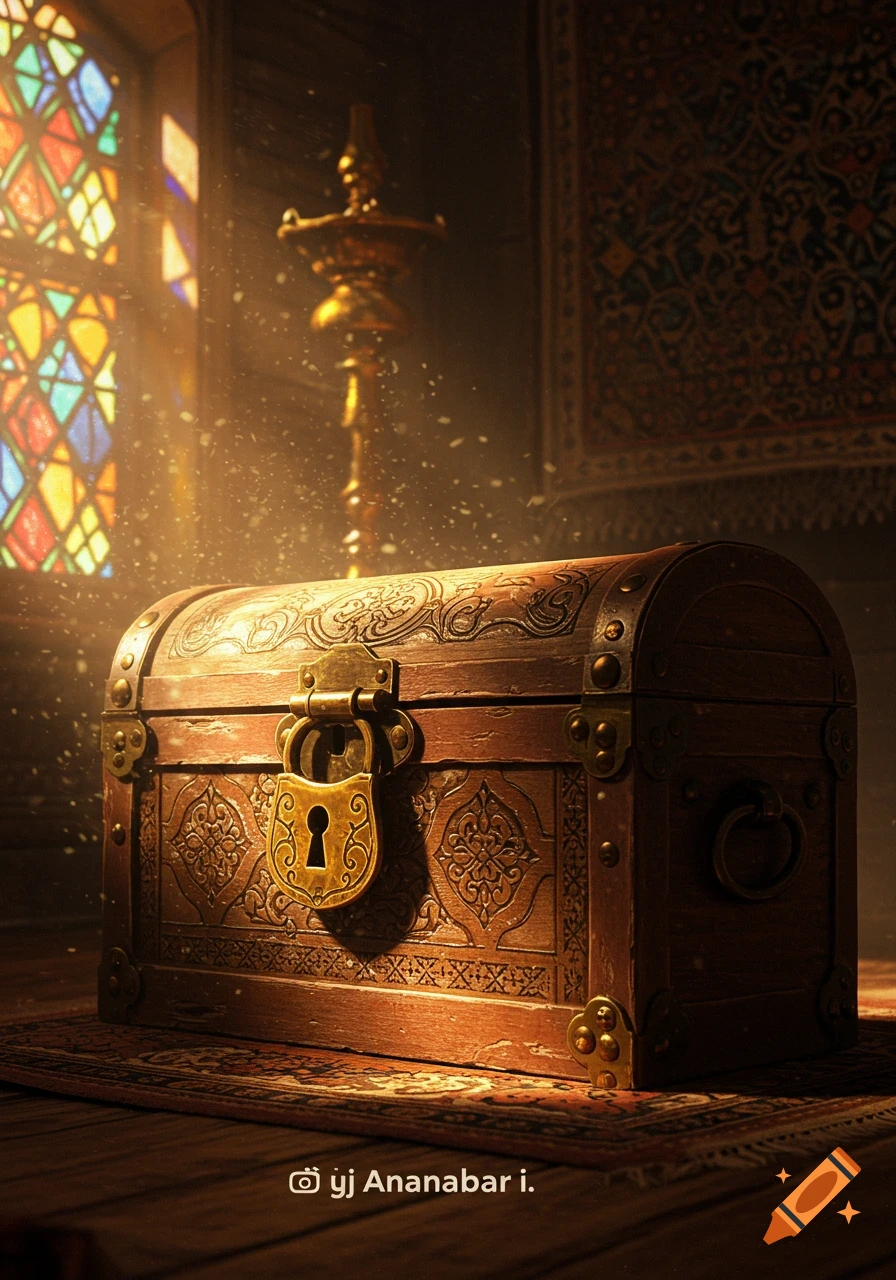 Ornate wooden treasure chest with a golden padlock in a dimly lit room with a stained glass window and sunlight.