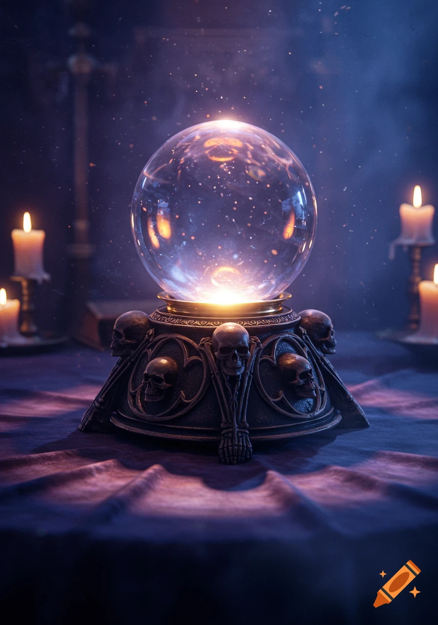 A glowing crystal ball on a gothic skeleton-detailed base sits on a purple cloth, surrounded by lit candles in a dark room.
