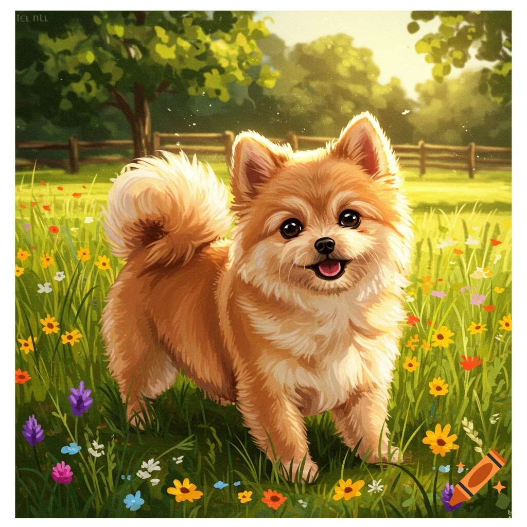 A fluffy brown Pomeranian dog stands in a vibrant field of colorful wildflowers under a sunny sky in an illustration style.