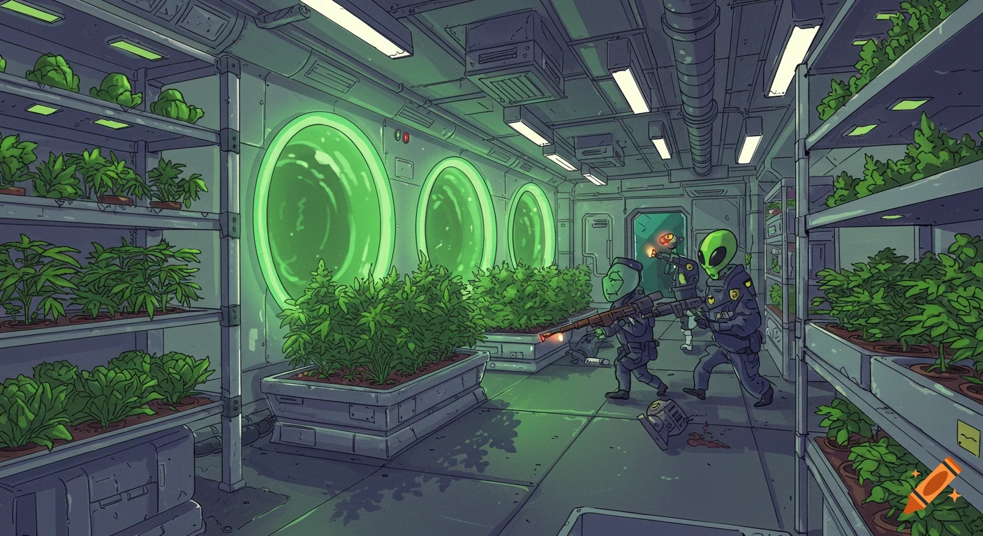 Cartoon aliens in police uniforms raid a futuristic, neon green hydroponic greenhouse filled with cannabis plants on a spaceship.
