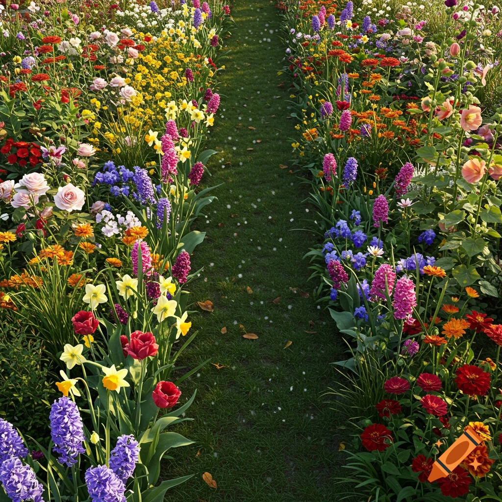 A photorealistic image of a garden path lined with vibrant, colorful flowerbeds.