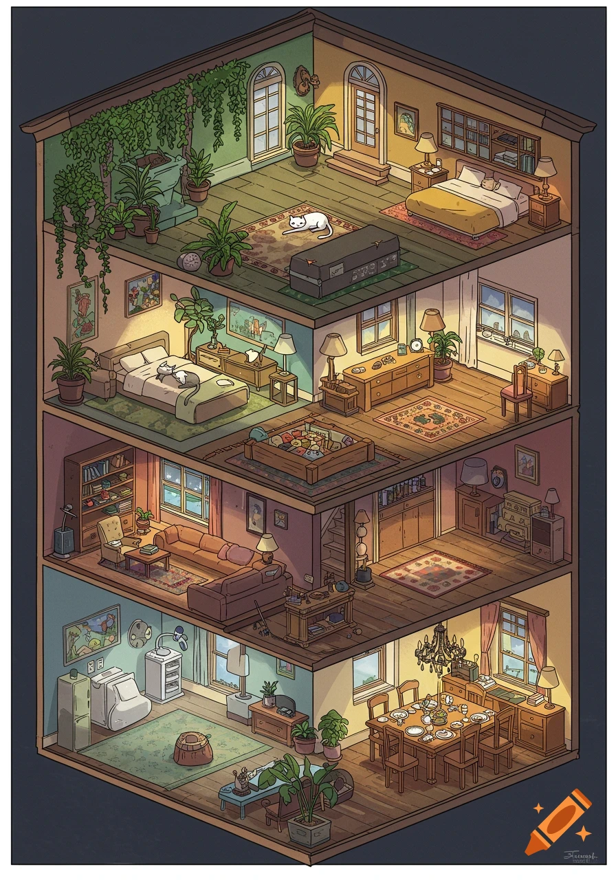 An isometric drawing of a six-story house, revealing unique rooms on each floor with furniture, plants, and cats, in an animation style.