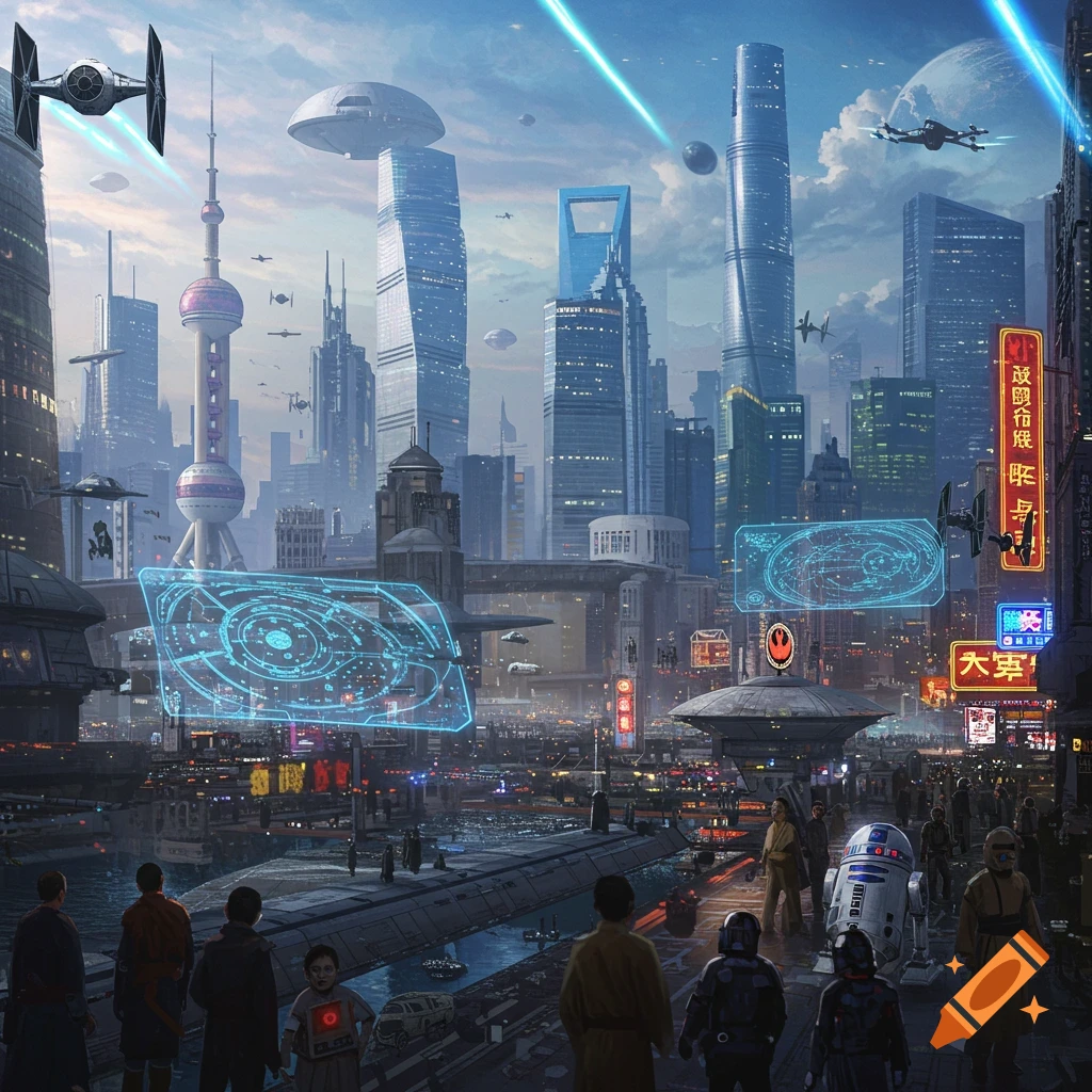 A futuristic cityscape merging Shanghai with Star Wars. TIE fighters fly past skyscrapers, R2-D2 stands among people on a dock.