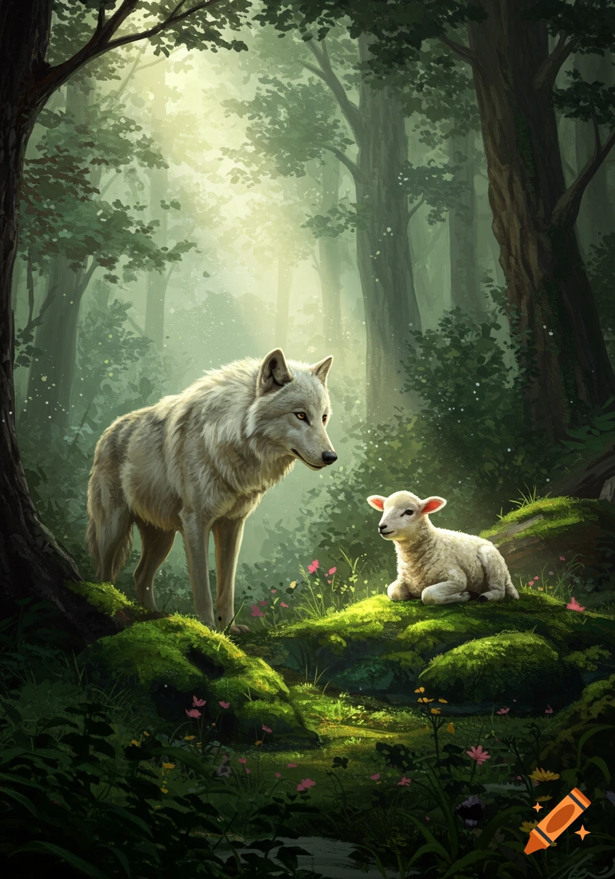 A majestic wolf stands over a resting lamb in a lush, sunlit forest with mossy ground and pink flowers.