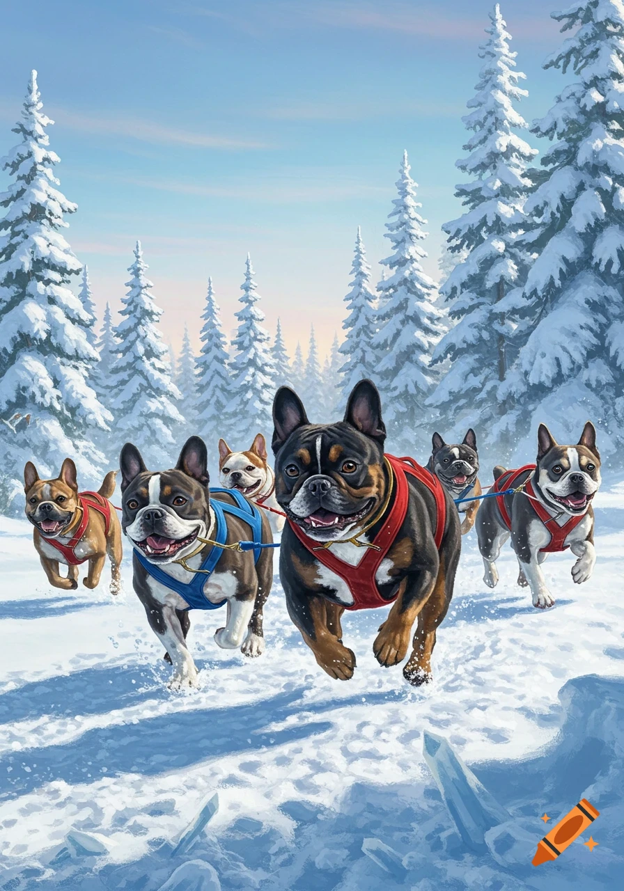 A team of happy French bulldogs in harnesses pulls a sled through a bright, snowy forest.