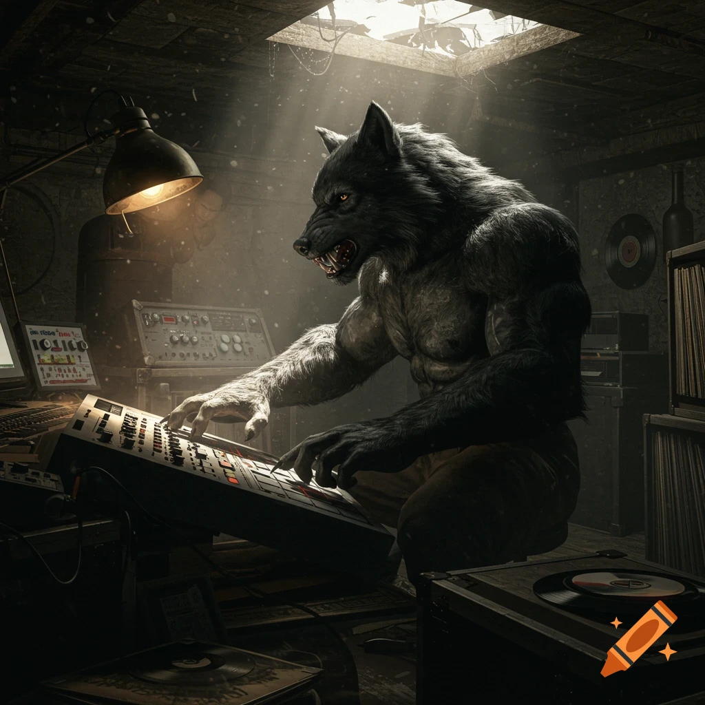 A photorealistic werewolf with glowing eyes sits in a dark, cobweb-filled studio, playing a music production controller.