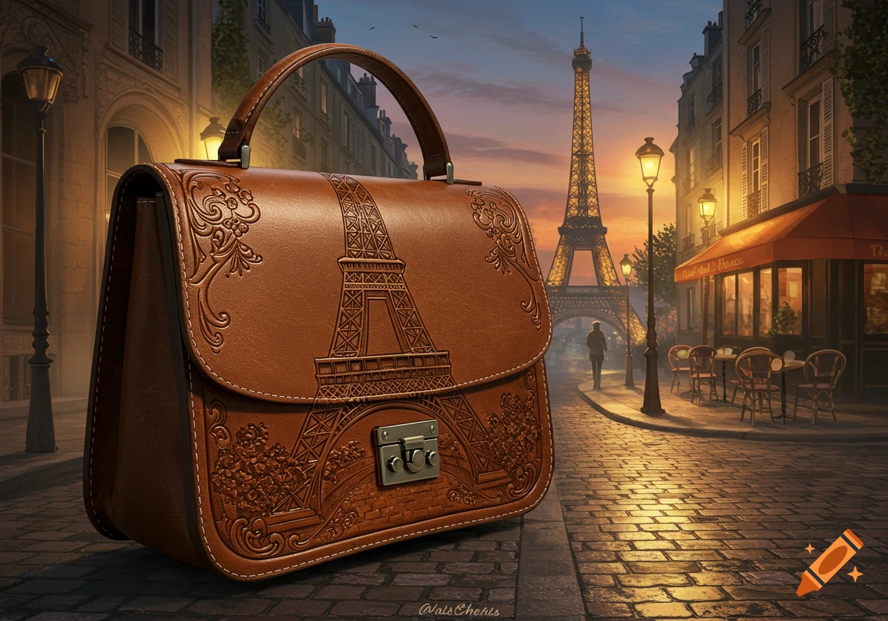 A close-up, photorealistic image of a brown leather satchel with an embossed Eiffel Tower design, resting on a cobblestone street in Paris at sunset, with the actual Eiffel Tower and a cafe in the background.