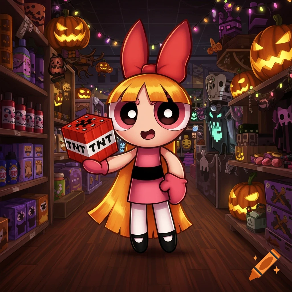 Blossom from Powerpuff Girls holds a Minecraft TNT block in a Halloween-themed store, surrounded by spooky decorations.