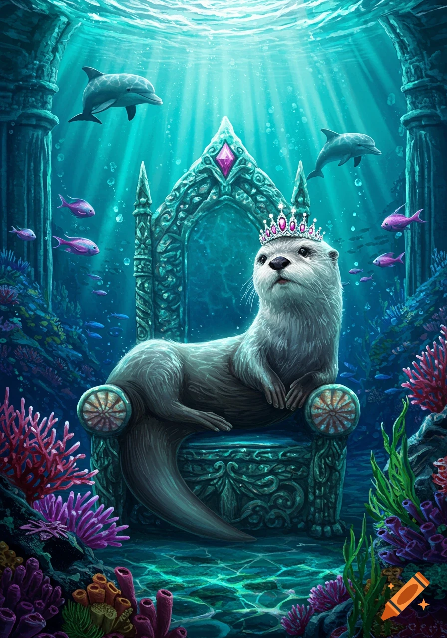 Regal queen otter with a crown sits on an ornate underwater throne, surrounded by colorful coral, fish, and dolphins. Fantasy illustration.