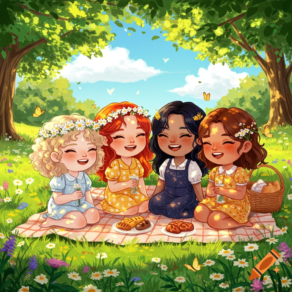 Four cute cartoon girls with flower crowns smiling at a sunny park picnic with food.
