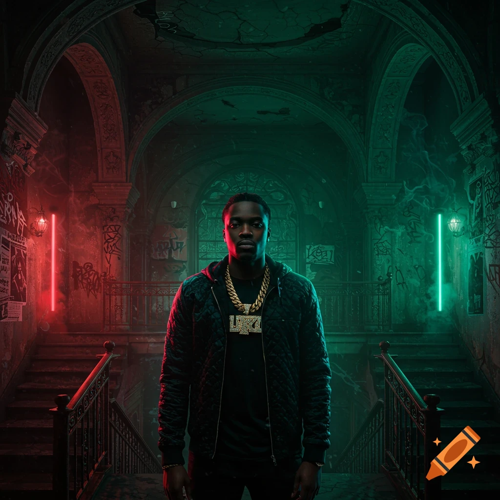 A man wearing a quilted jacket and gold chain stands in a dark, graffiti-covered hall illuminated by red and green neon lights.