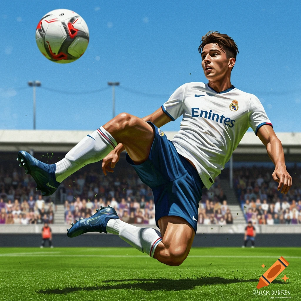 Stylized illustration of a male soccer player in a white jersey kicking a ball in a sunny stadium.