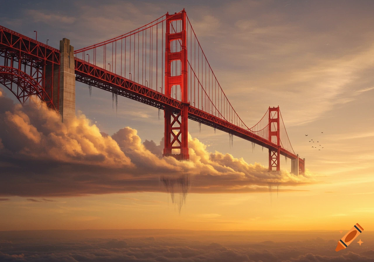 The Golden Gate Bridge appears to float above a sea of clouds during a golden hour sunset, with its red structure prominent against the warm sky.