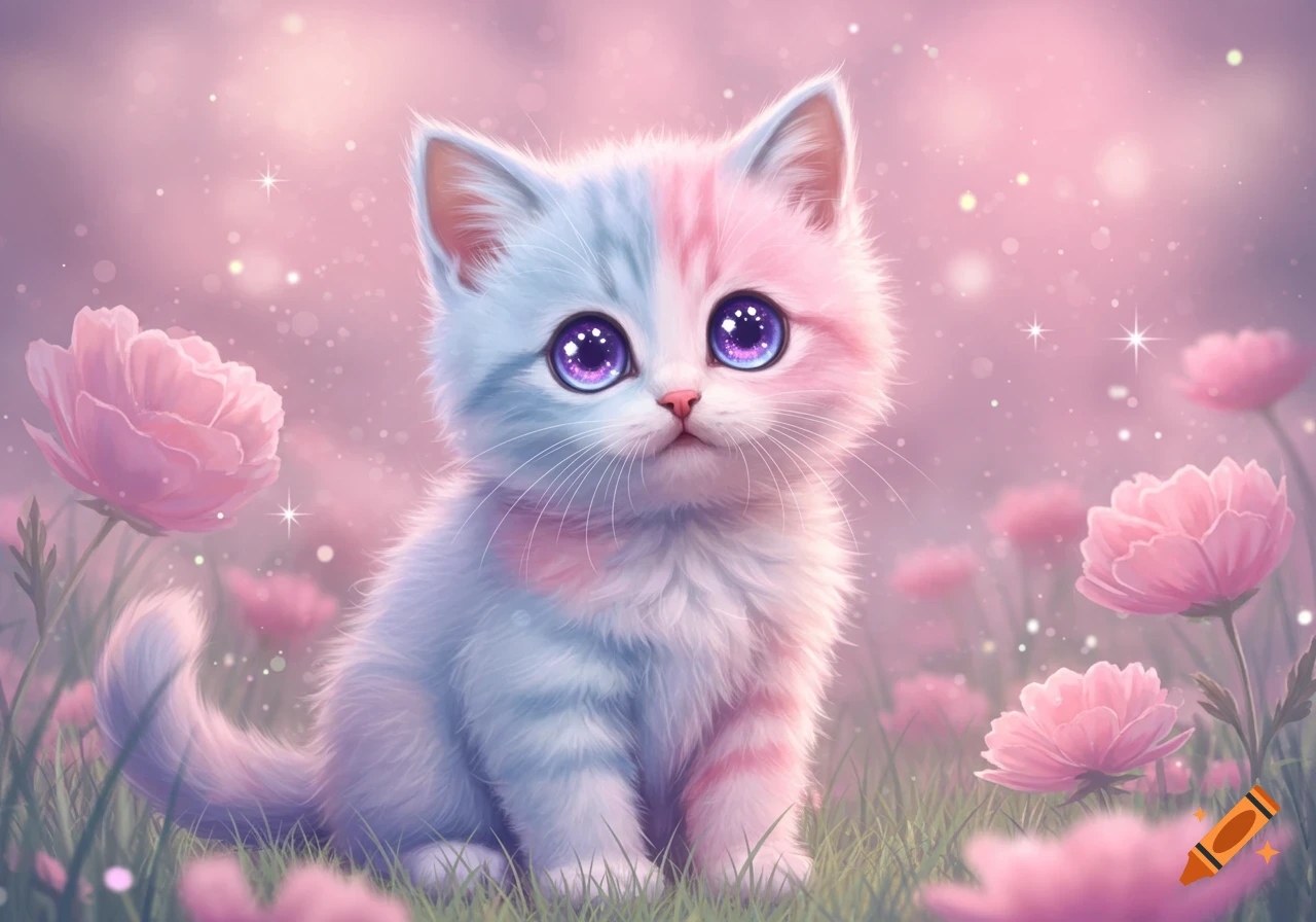 A fluffy, stylized kitten with pink and blue fur and large purple eyes sits among glowing pink flowers and sparkles.