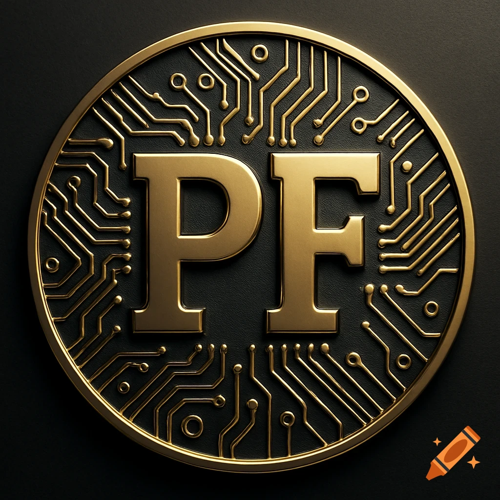 A circular gold coin with the letters 'PF' embossed in the center, surrounded by intricate gold circuit board patterns on a black background.