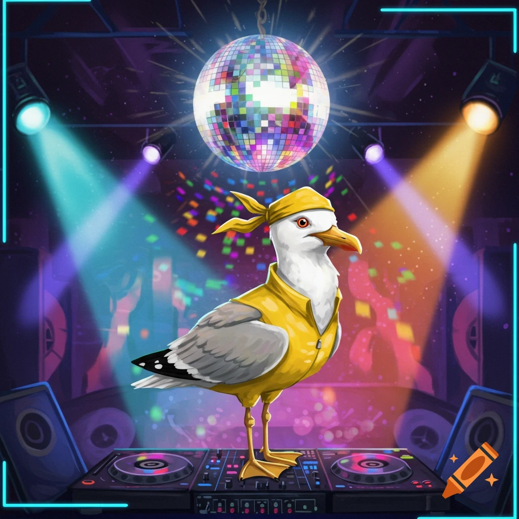 An illustrated seagull in a yellow ninja suit stands on DJ turntables in a vibrant disco club with a shining disco ball.