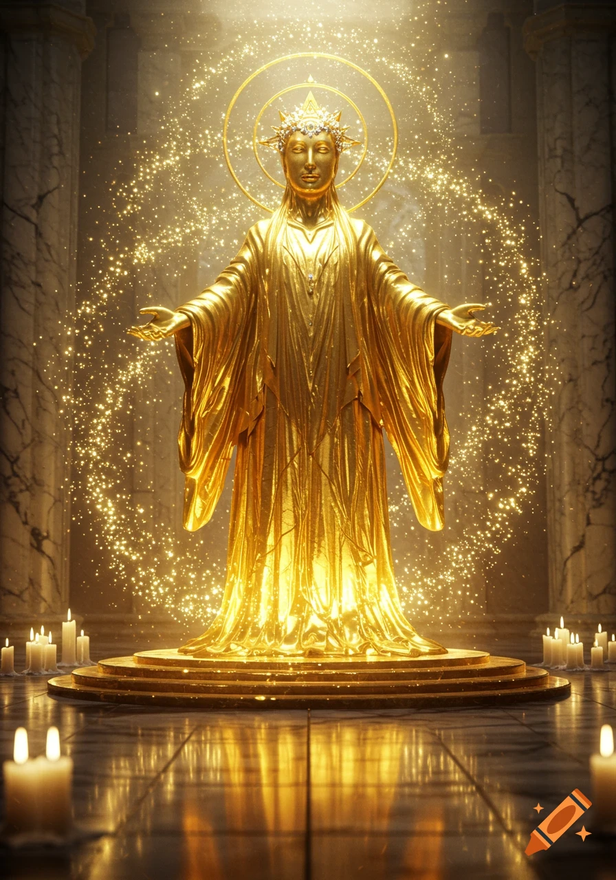 A majestic golden idol of a robed figure with a crown and halo stands amidst glittering particles in a grand hall with pillars and candles.