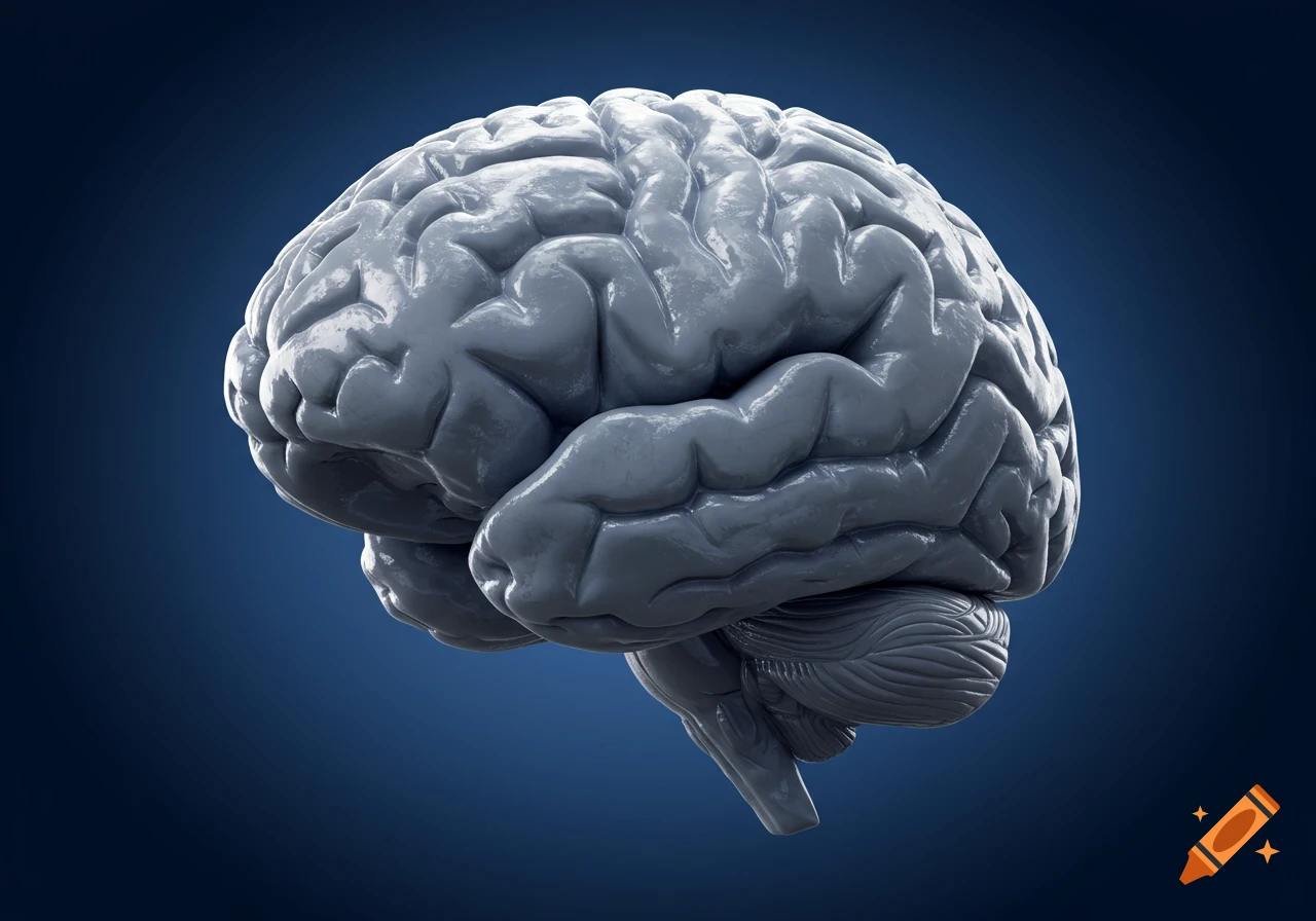 A detailed 3D rendering of a human brain, depicted in grey on a dark blue background.