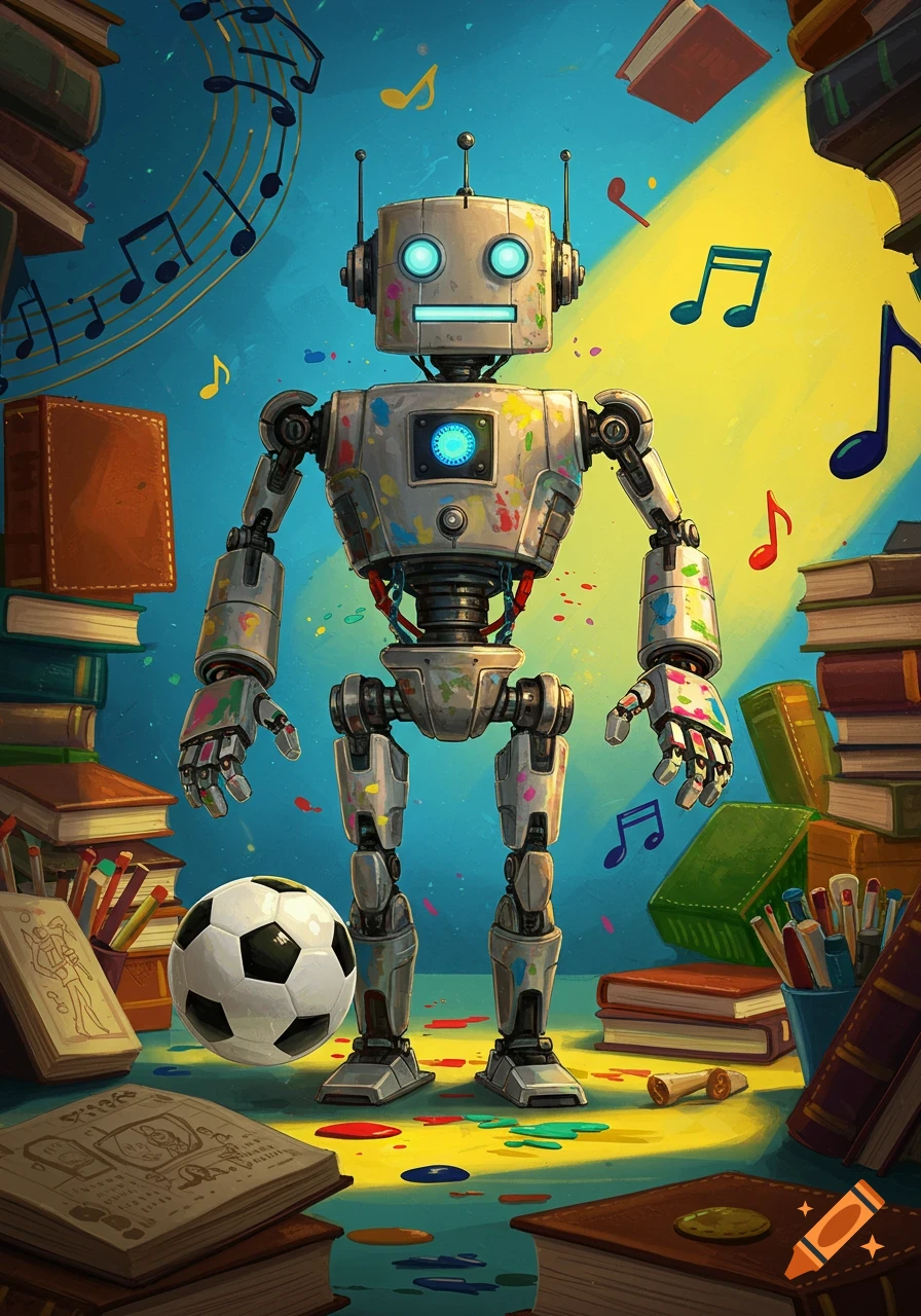 A friendly, paint-splattered robot stands amidst piles of books and floating musical notes, with a soccer ball nearby, in a vibrant, illustrative style.
