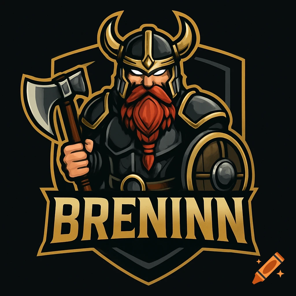 Esports logo featuring a fierce dwarf warrior with a horned helmet, red beard, axe, and shield, with "BRENINN" text.