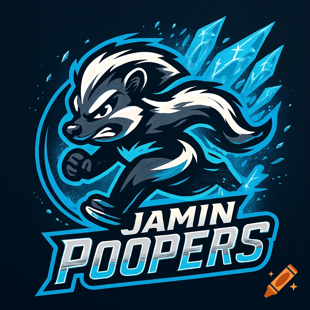 A stylized black and white skunk mascot running forward with blue ice shards, above the text 'JAMIN POOPERS' in a bold, icy font.