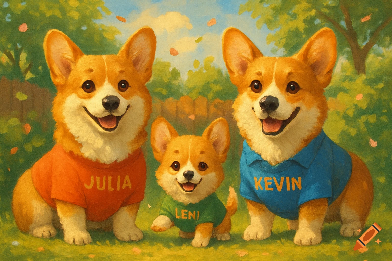 Three happy corgis, Julia, Leni, and Kevin, wearing colorful shirts with their names, pose in a sunny green garden. Painterly style.