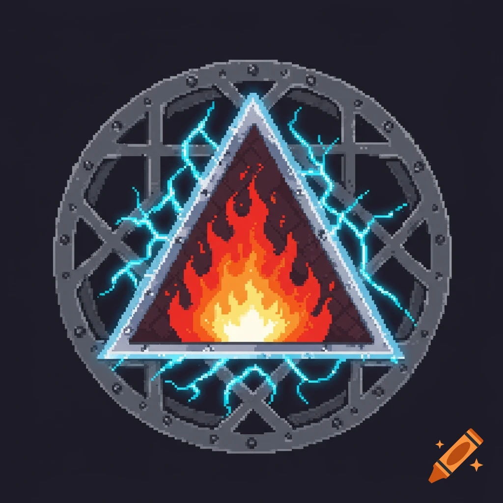 Pixel art logo of a flaming metal triangle with blue lightning, encircled by a metal ring.