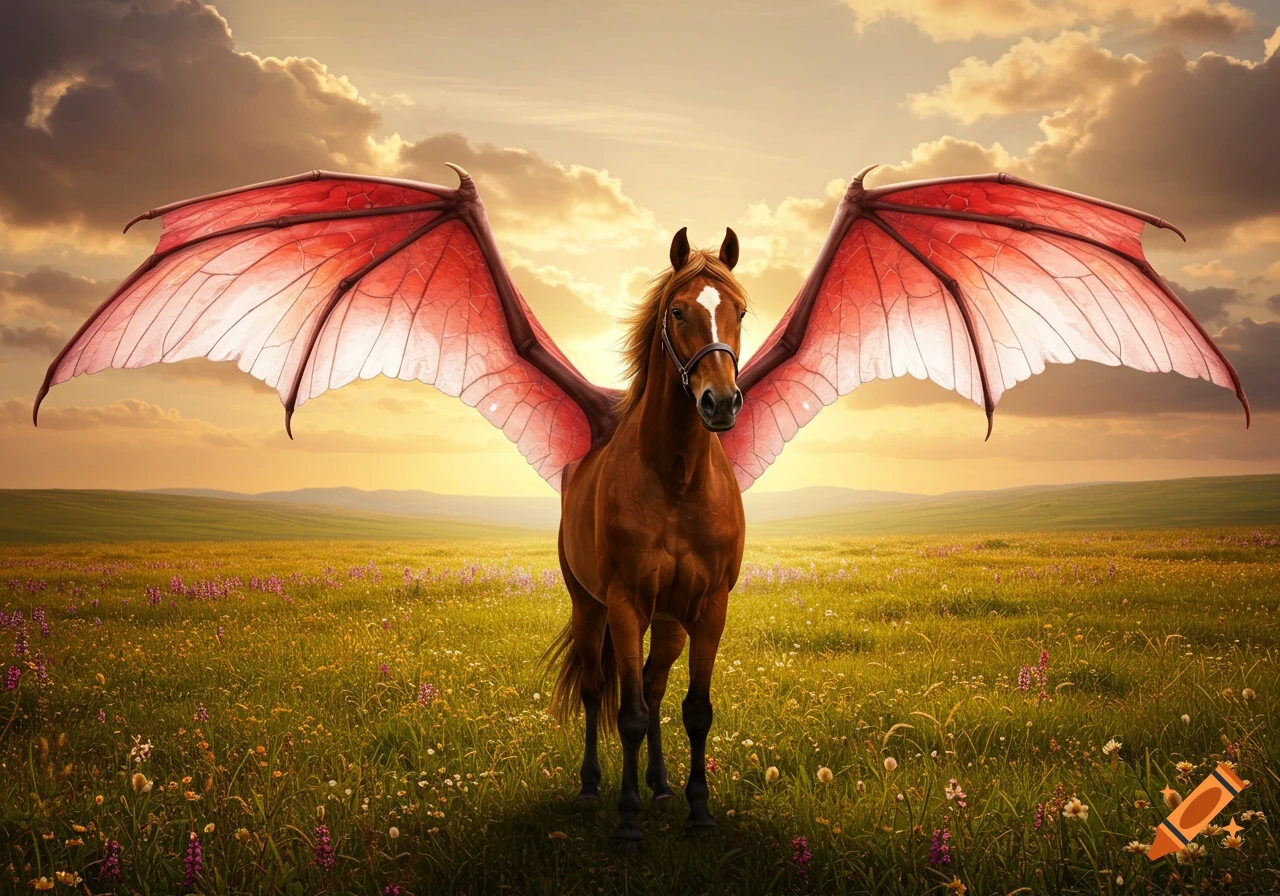 A brown horse with large red dragon wings stands in a sunlit field of wildflowers.
