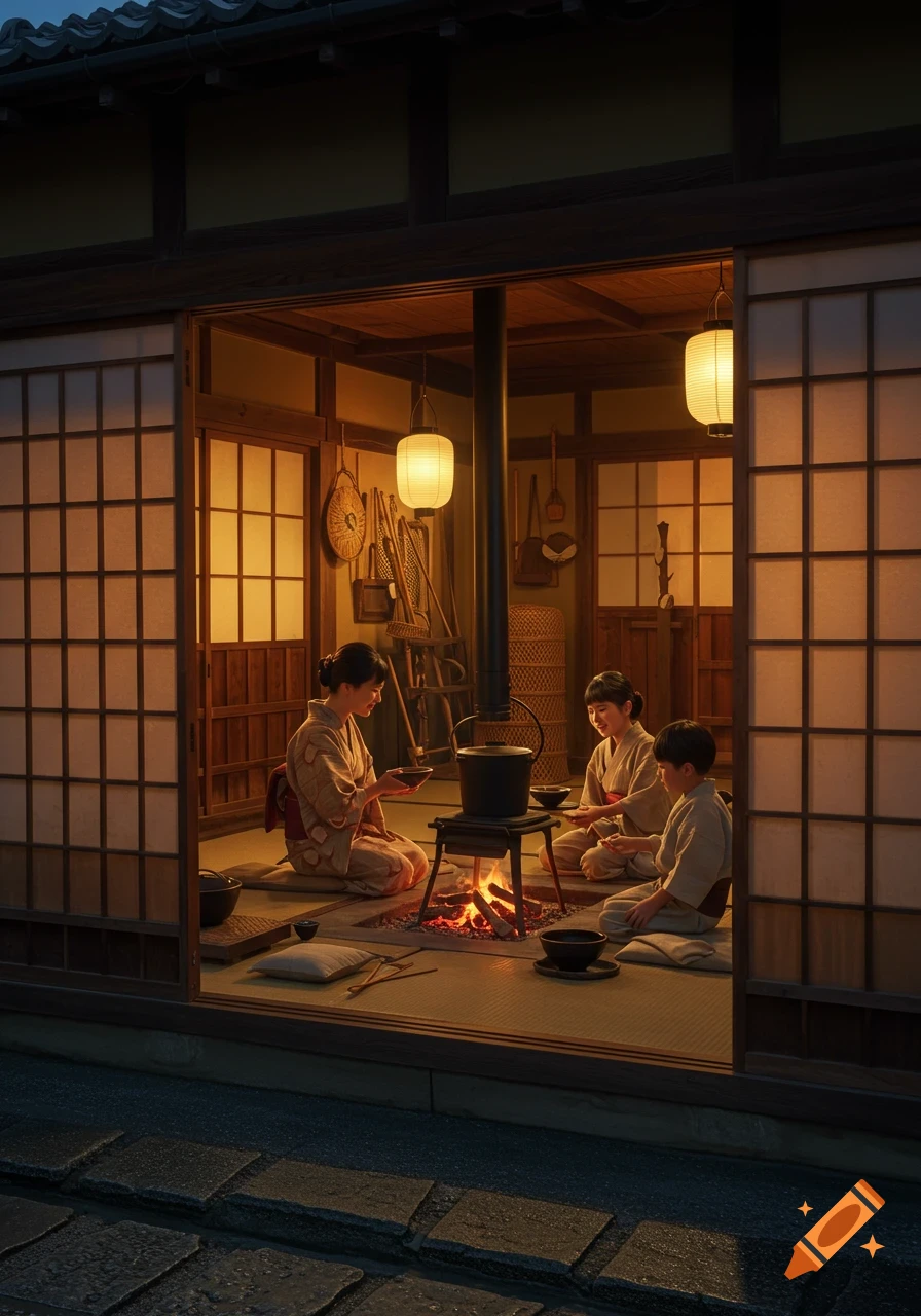 A Japanese mother and children in traditional kimonos gather around a warm irori hearth in a dimly lit Edo-period machiya home. Photorealistic.