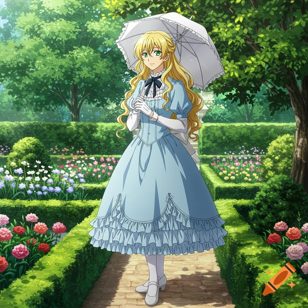 Anime-style blonde woman in a light blue Victorian dress with a white parasol, standing in a vibrant flower garden.