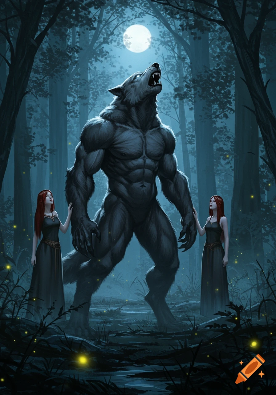 A muscular werewolf howls at a full moon in a dark forest, flanked by two women. Stylized illustration.